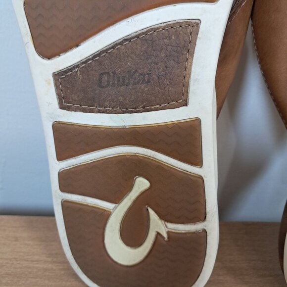 Olukai Nalukai Sandal Men\'s Size 11 Brown White Leather Flip Flop Comfort